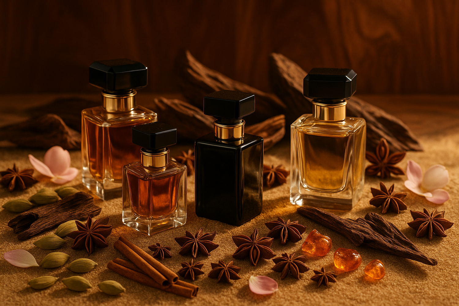 elegant and sophisticated perfumes placed on sand with spices, oud wood, flowers, petals, amber pieces places around the bottles and with teak woody background